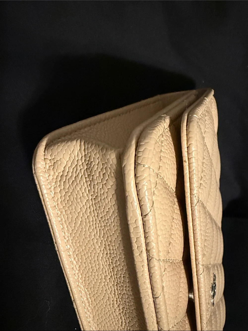 CHANEL Beige Quilted Caviar Wallet on Chain with Silver CC